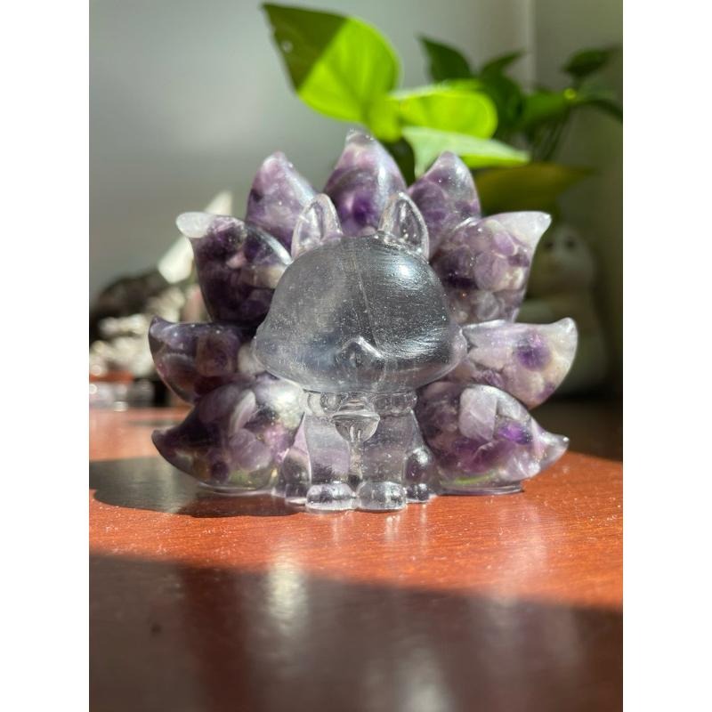 ♪ 狐仙/狐狸/九尾狐♪- 天然碎石原礦狐狸—灌膠能量水晶九尾狐狸—擺件/紙鎮—虎牙紫水晶天河石螢石硨磲橄欖石粉晶紫幽靈-細節圖9