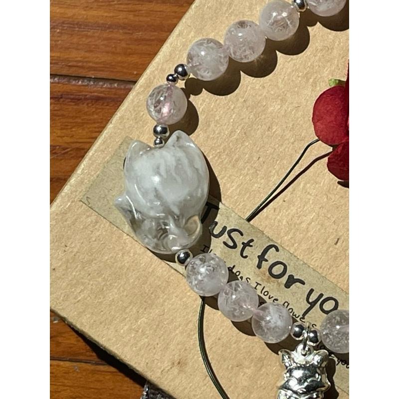 ♪雪花幽靈/粉幽靈/白幽靈+大頭萌狐狸♪- 天然雪花幽靈狐仙設計款套組-手珠/手鍊、耳針/耳環-細節圖4