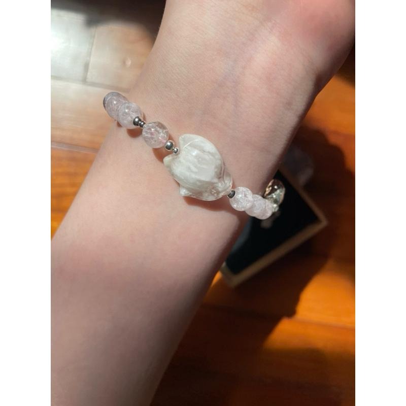 ♪雪花幽靈/粉幽靈/白幽靈+大頭萌狐狸♪- 天然雪花幽靈狐仙設計款套組-手珠/手鍊、耳針/耳環-細節圖8