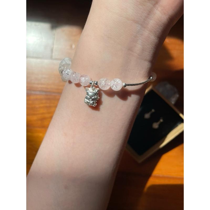 ♪雪花幽靈/粉幽靈/白幽靈+大頭萌狐狸♪- 天然雪花幽靈狐仙設計款套組-手珠/手鍊、耳針/耳環-細節圖9