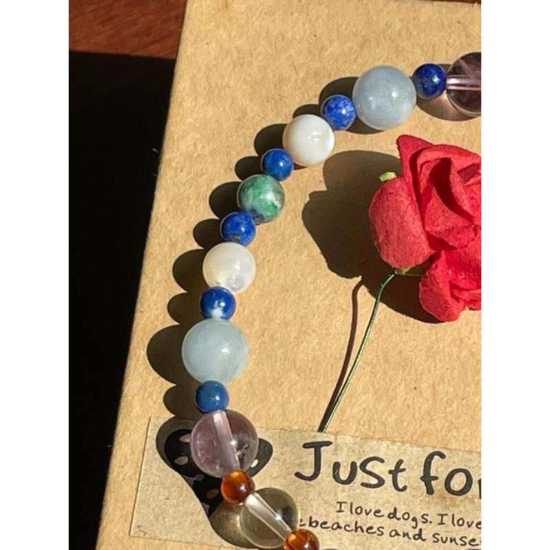 ♪無核珍珠+石榴石+黃水晶+白水晶+海藍寶+白蝶貝+青金石+18k包金♪- 天然水晶石榴石鍍18k金全脈輪設計D款-手鍊-細節圖4