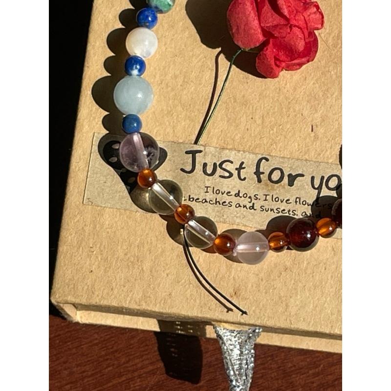 ♪無核珍珠+石榴石+黃水晶+白水晶+海藍寶+白蝶貝+青金石+18k包金♪- 天然水晶石榴石鍍18k金全脈輪設計D款-手鍊-細節圖5