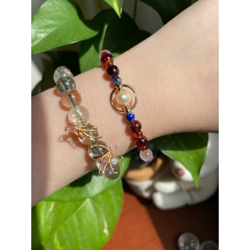 ♪無核珍珠+石榴石+黃水晶+白水晶+海藍寶+白蝶貝+青金石+18k包金♪- 天然水晶石榴石鍍18k金全脈輪設計D款-手鍊-細節圖7