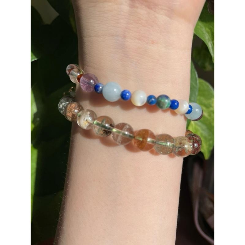 ♪無核珍珠+石榴石+黃水晶+白水晶+海藍寶+白蝶貝+青金石+18k包金♪- 天然水晶石榴石鍍18k金全脈輪設計D款-手鍊-細節圖8