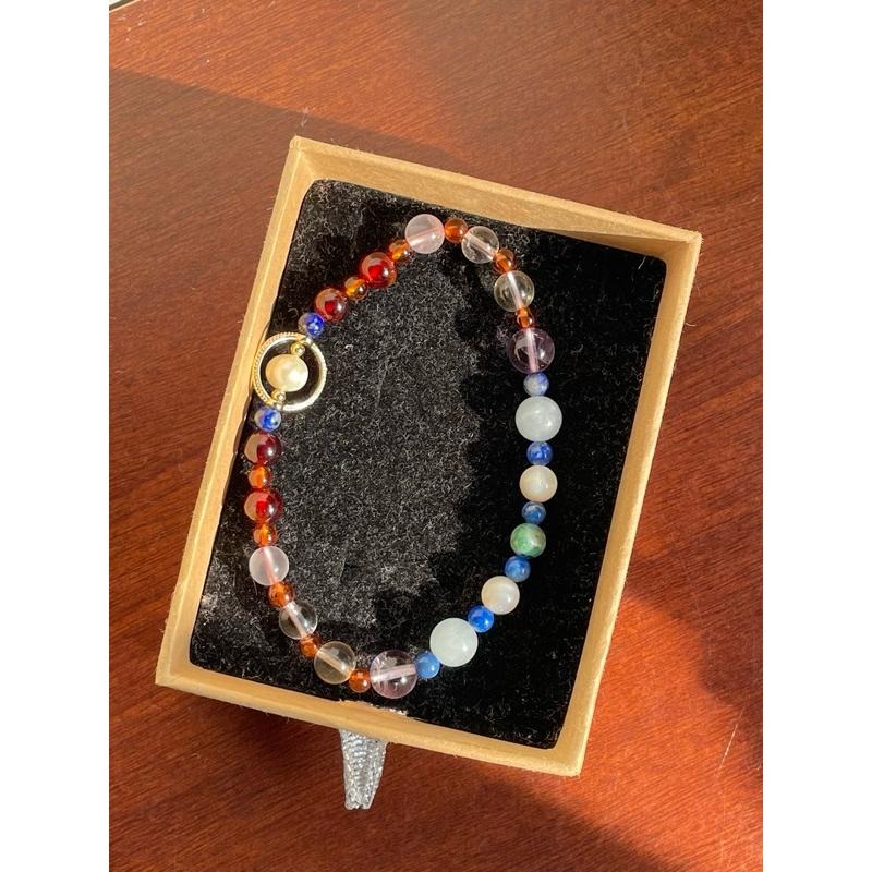 ♪無核珍珠+石榴石+黃水晶+白水晶+海藍寶+白蝶貝+青金石+18k包金♪- 天然水晶石榴石鍍18k金全脈輪設計D款-手鍊-細節圖9