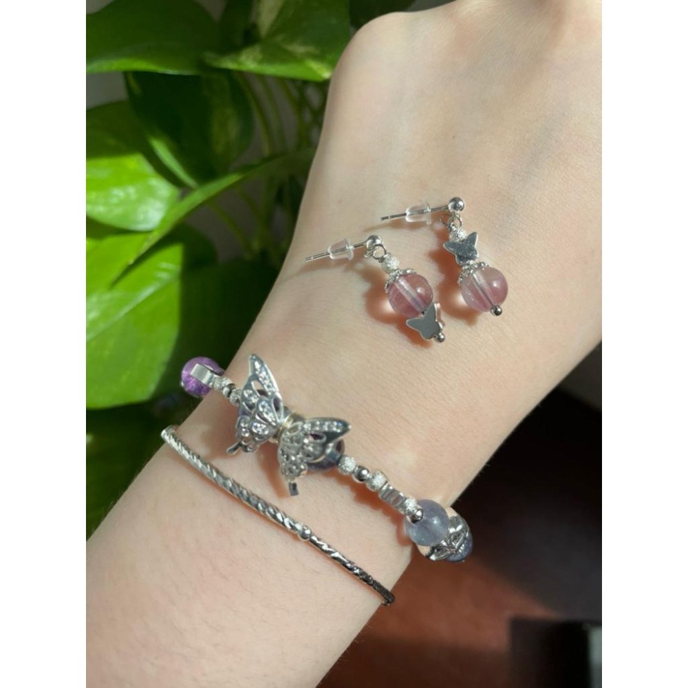 ♪螢石+蝴蝶♪- 天然彩螢石幸運草蝴蝶設計款套組-手珠/手鍊、耳針/耳環-細節圖9