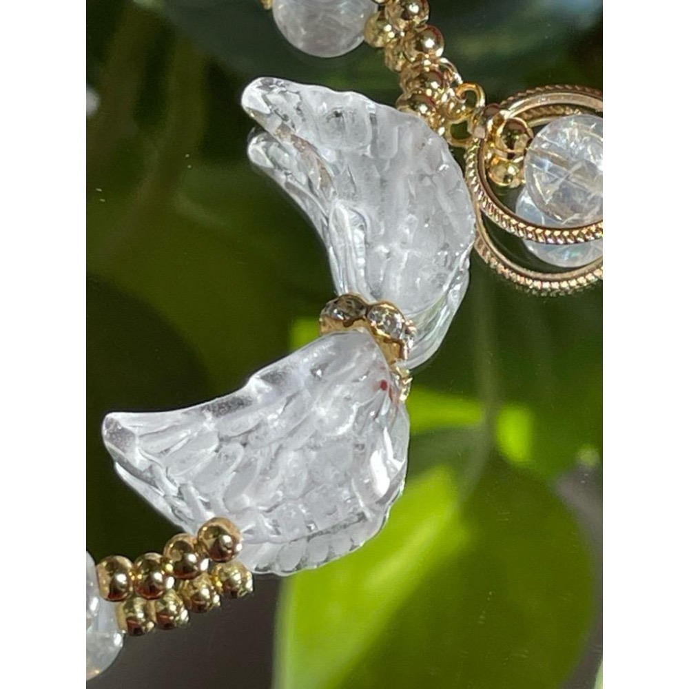 ♪藍針雪花白幽靈+羽翼♪- 天然雪花幽靈藍針共生白水晶天使之羽設計款套組-手珠/手鍊、耳針/耳環-細節圖5