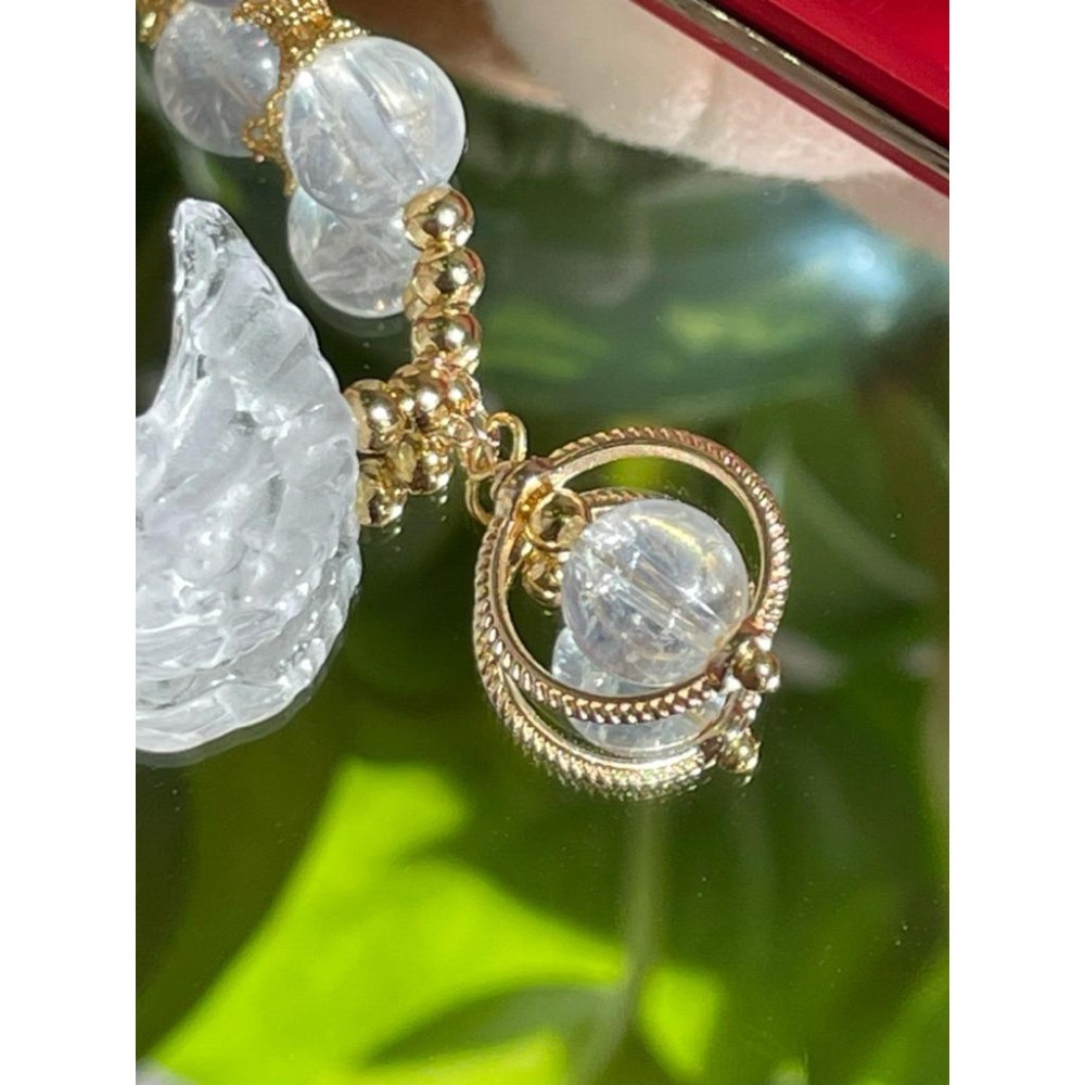 ♪藍針雪花白幽靈+羽翼♪- 天然雪花幽靈藍針共生白水晶天使之羽設計款套組-手珠/手鍊、耳針/耳環-細節圖6