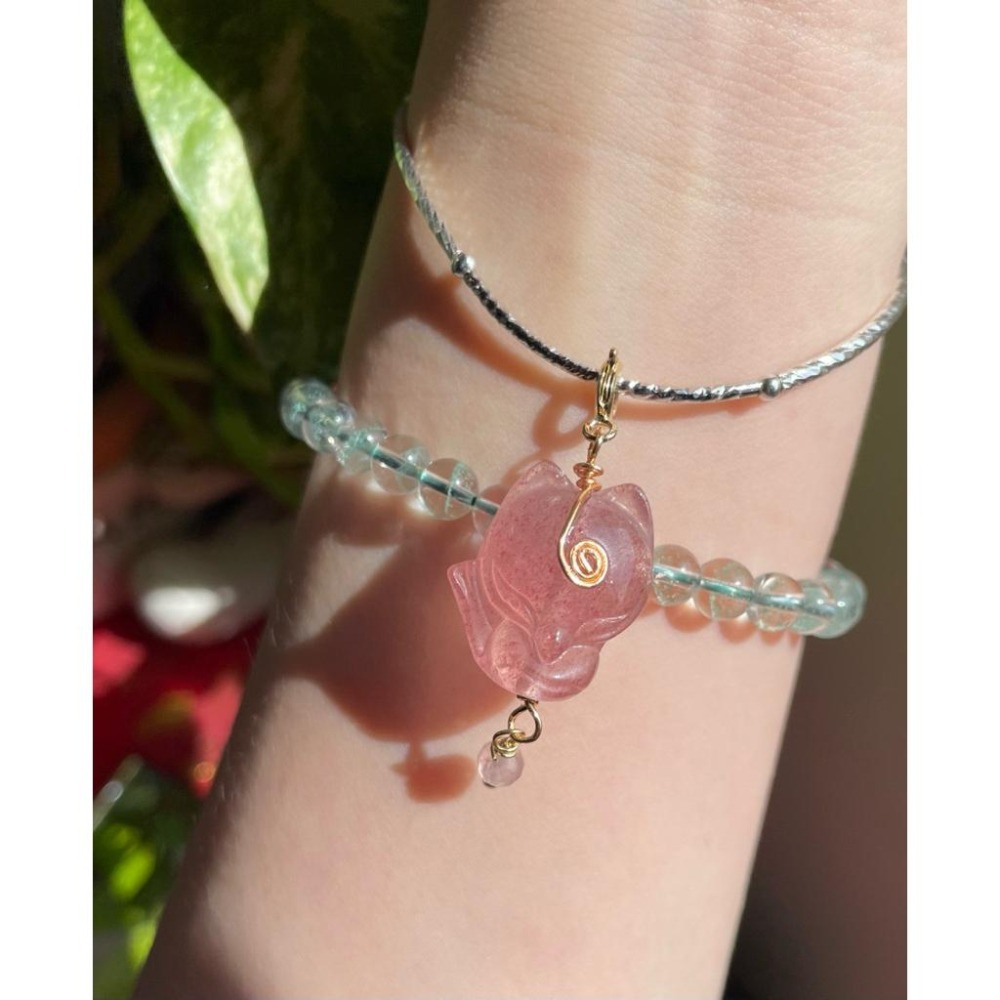 ♪白水體草莓晶+狐仙/狐狸♪-天然鑽切紅草莓晶大頭萌狐狸設計款—隨意扣/項鍊墜/小滴溜-細節圖5