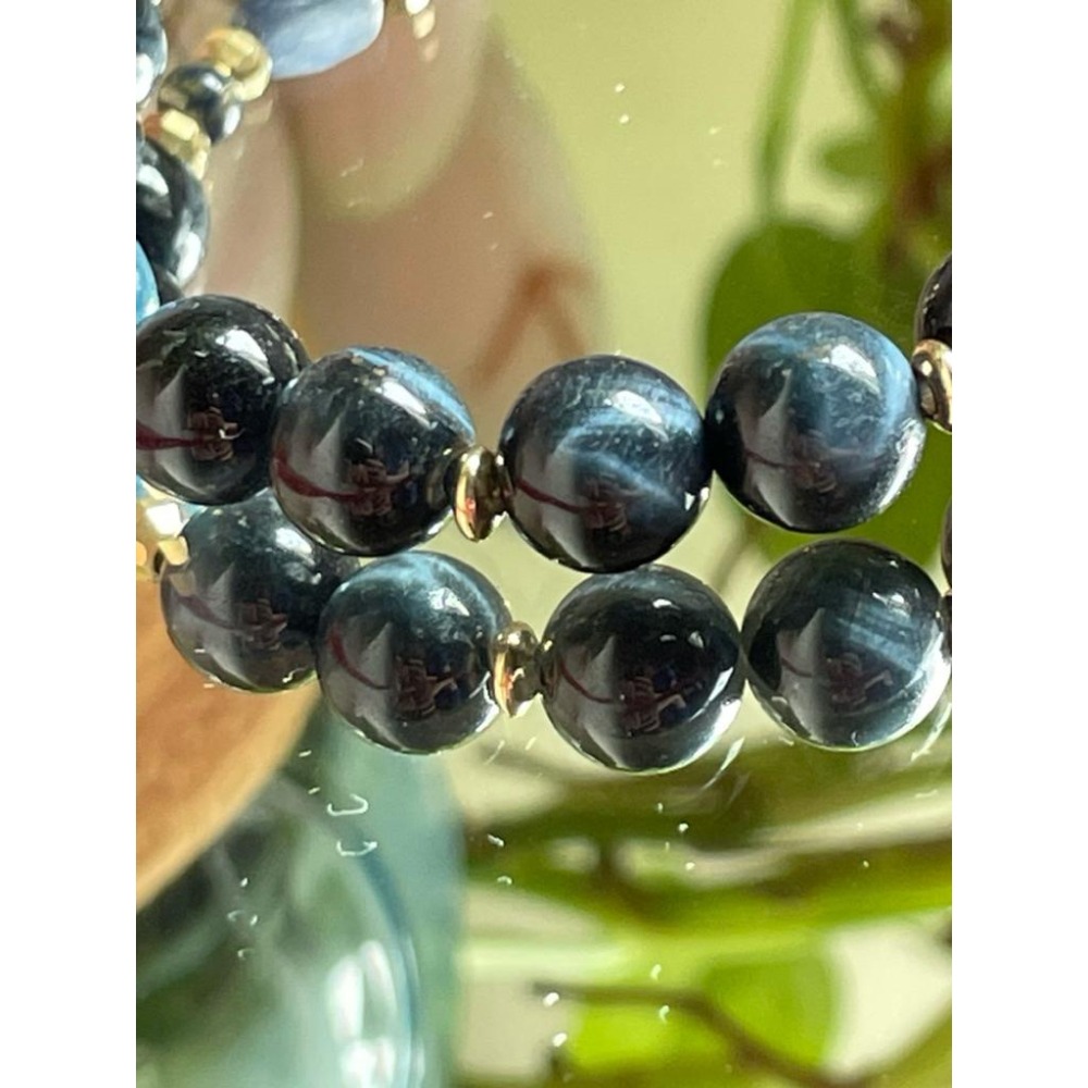 ♪藍虎眼/鷹眼石+藍晶石+青金石♪- 天然藍虎眼石青金石藍晶石設計款H款—眉心輪—第六輪設計款手珠/手鍊-細節圖6