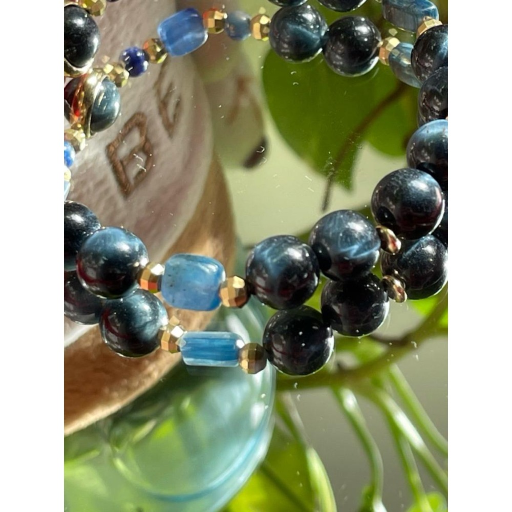 ♪藍虎眼/鷹眼石+藍晶石+青金石♪- 天然藍虎眼石青金石藍晶石設計款H款—眉心輪—第六輪設計款手珠/手鍊-細節圖7