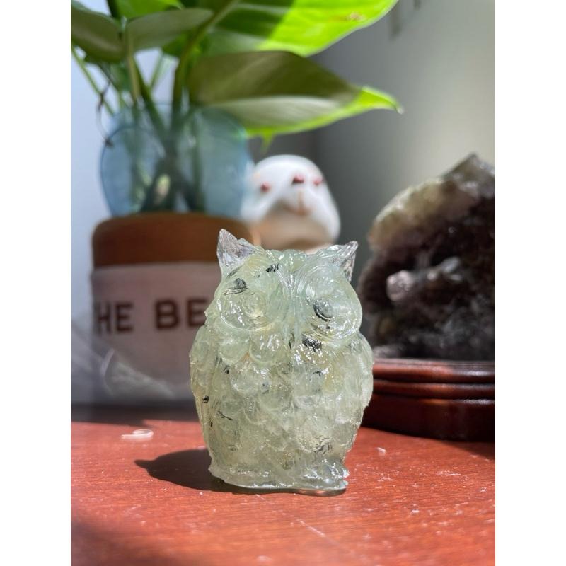 ♪ 原礦碎石貓頭鷹/小貓頭鷹♪- 天然碎石暗夜守護者—仿奧根塔/奧剛塔滴膠能量擺件—太陽石紫鋰輝海藍寶藍晶石草莓晶月光石-細節圖7