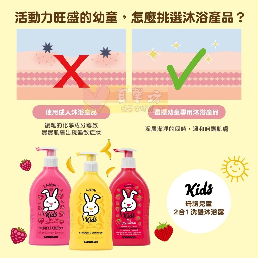 德國珊諾sanosan兒童2合1洗髮沐浴露(芭娜娜香/覆盆子香/草莓香/葡萄柚香)- KIDS/洗髮露/洗澡/沐浴精-細節圖4