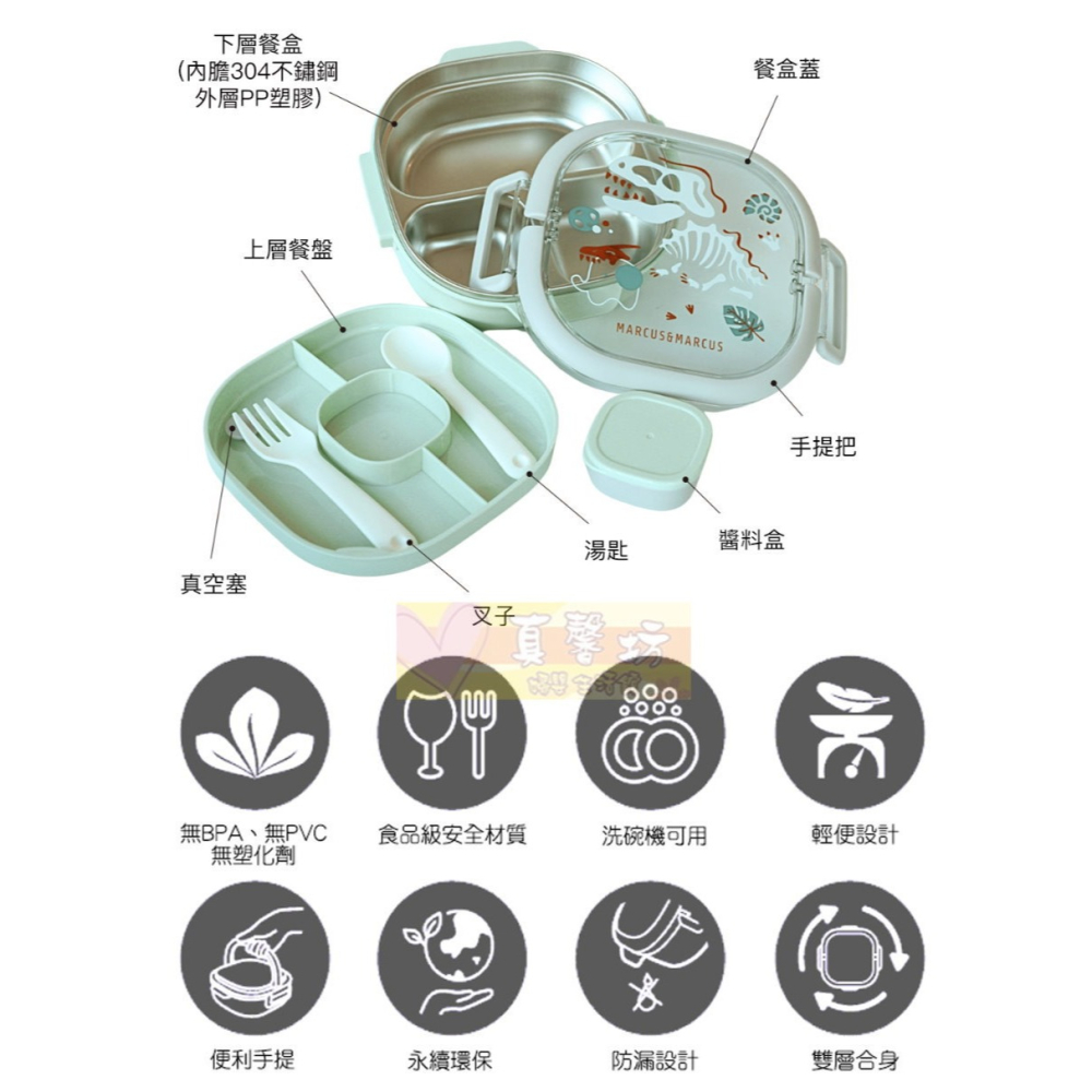 加拿大Marcus&Marcus 兒童手提不鏽鋼雙層餐盒組(綠/粉) - 兒童餐盒/不銹鋼餐盒/兒童餐具-細節圖3