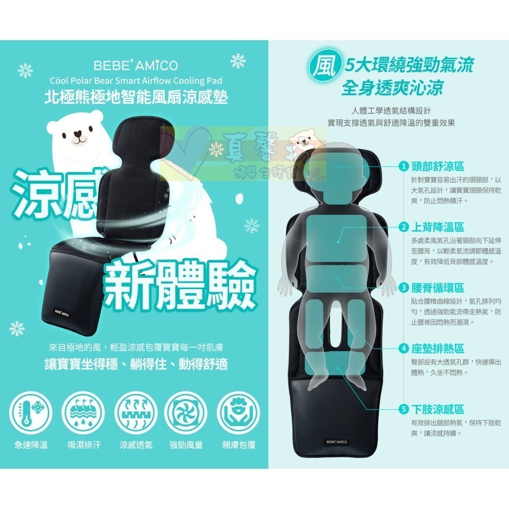 [買就送]BEBE＇ Amico 北極熊極地智能風扇涼感墊(曜黑/奶霜) - 涼感坐墊/風扇坐墊/汽車座椅配件-細節圖3