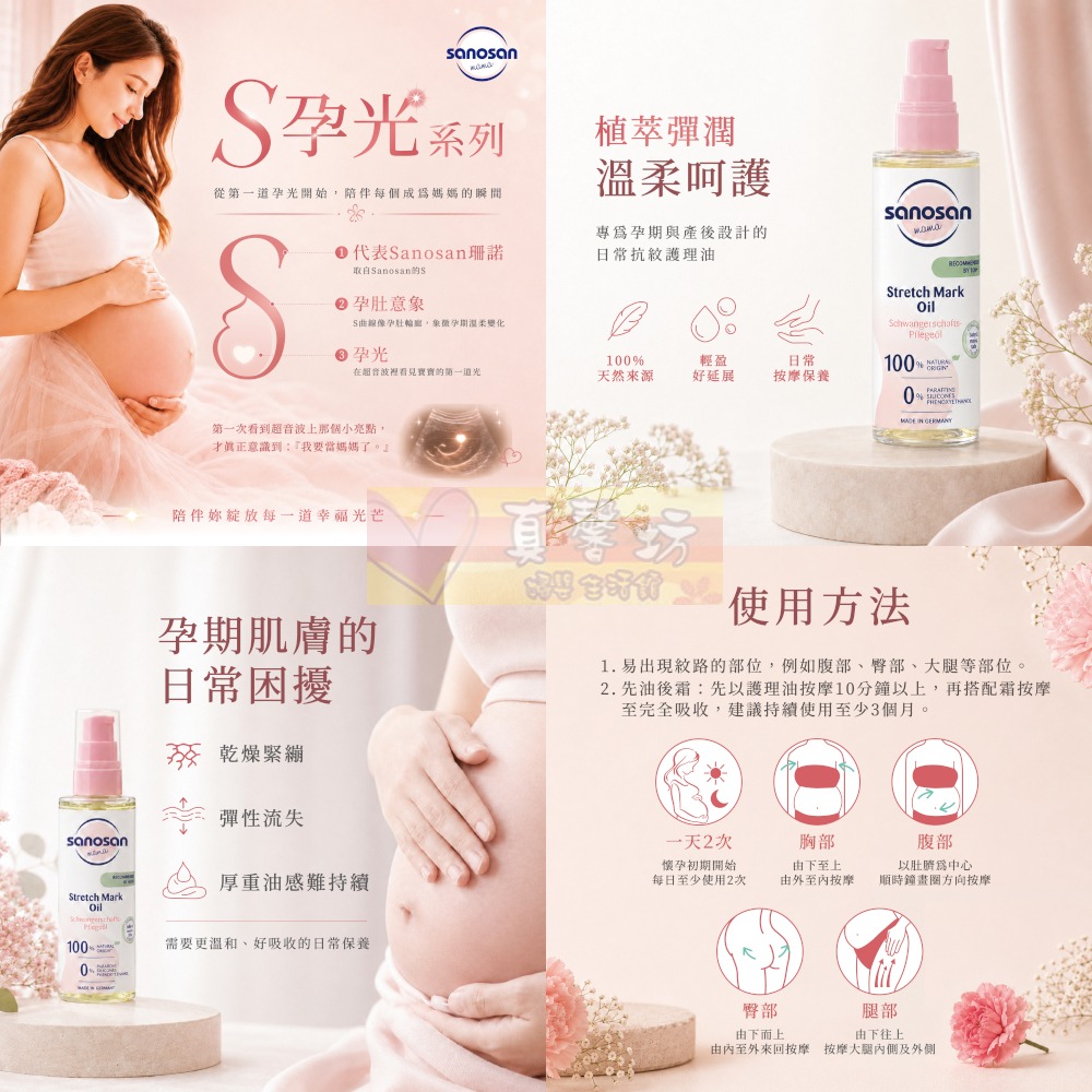 德國珊諾sanosan S孕光 植萃抗紋護理油100ml - 淡化紋路撫平紋路/孕期保養/媽媽護理/S孕光系列-細節圖2