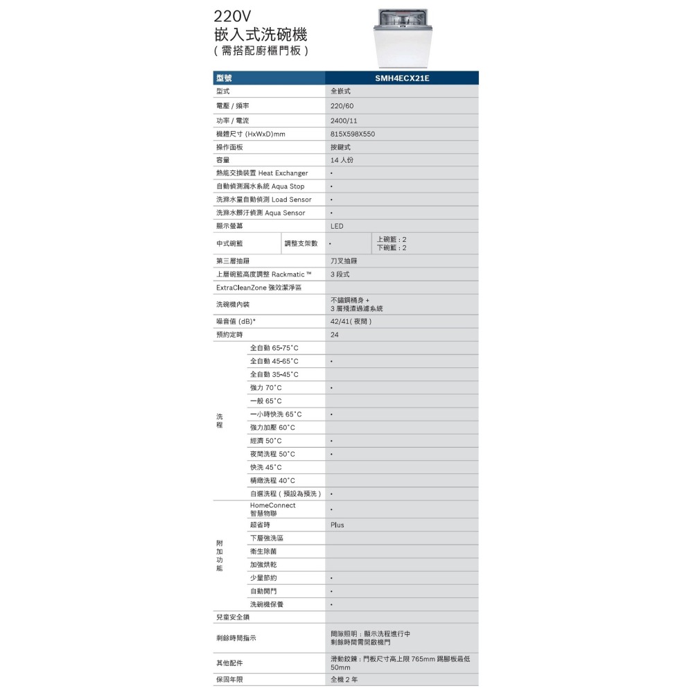 【4月限時，現金再下殺】【小時候電器】博世洗碗機 SMH4ECX21E 全崁式洗碗機 自動開門220電壓-細節圖7