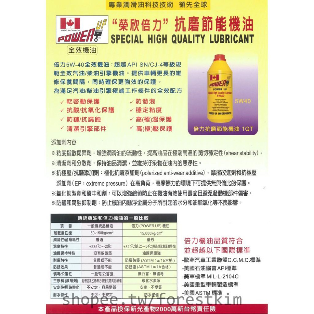 🇨🇦『倍力抗磨節能機油』0.946 Liter 5W40 內已含抗磨節能劑 黃金比例 機油精 油精-細節圖3