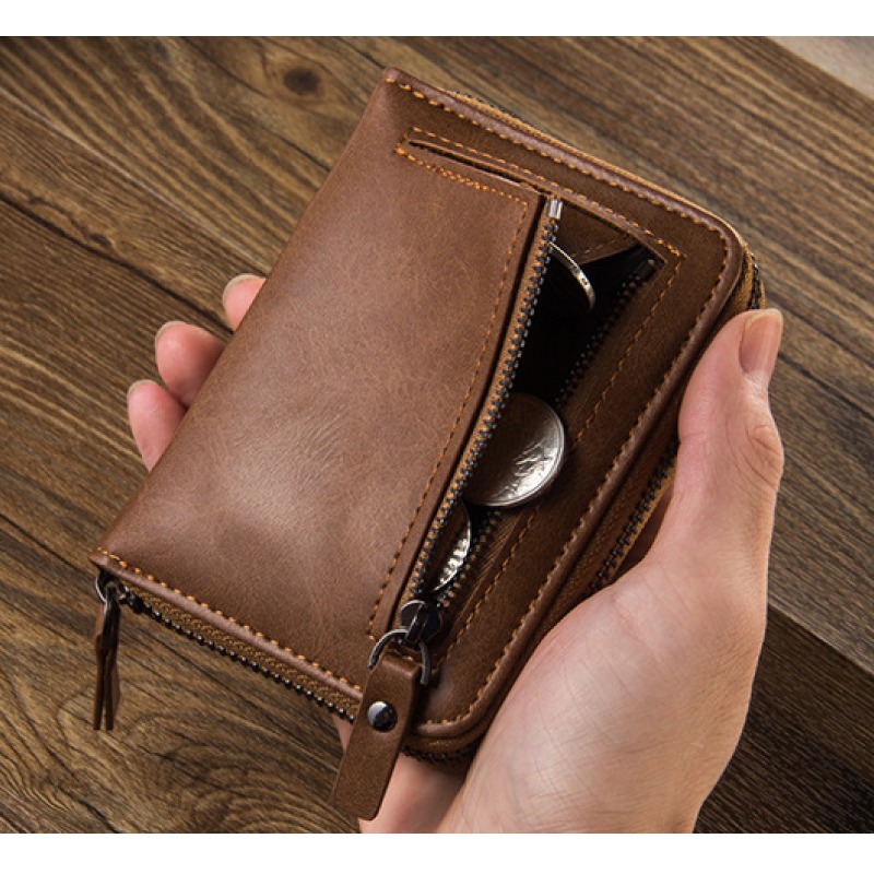 復古拉鍊錢包  皮夾 皮包 錢夾 零錢包 短夾 卡片包 卡夾 精品 男夾 男包 手拿包 禮物 魔法巷-細節圖9