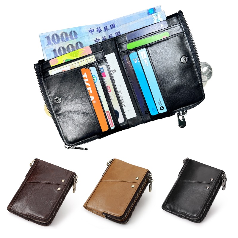 雙拉鍊皮夾 真皮 牛皮錢包 零錢包 可放12張卡 拉鍊錢包 手拿包 短夾 男包 魔法巷-細節圖6