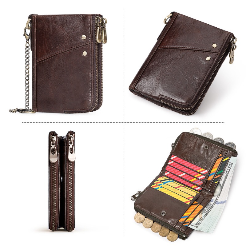 雙拉鍊皮夾 真皮 牛皮錢包 零錢包 可放12張卡 拉鍊錢包 手拿包 短夾 男包 魔法巷-細節圖7