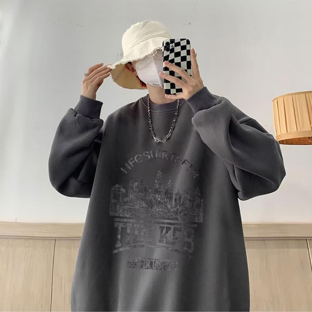 〖 ZEST 〗美式復古無帽衛衣 台灣現貨 大學T 男裝秋冬季 潮牌百搭寬鬆 加絨加厚 休閒 圓領長袖-細節圖2