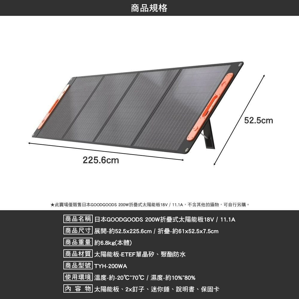 日本GOODGOODS 200W折疊式太陽能板 18V / 11.1A 露營 逐露天下-細節圖3