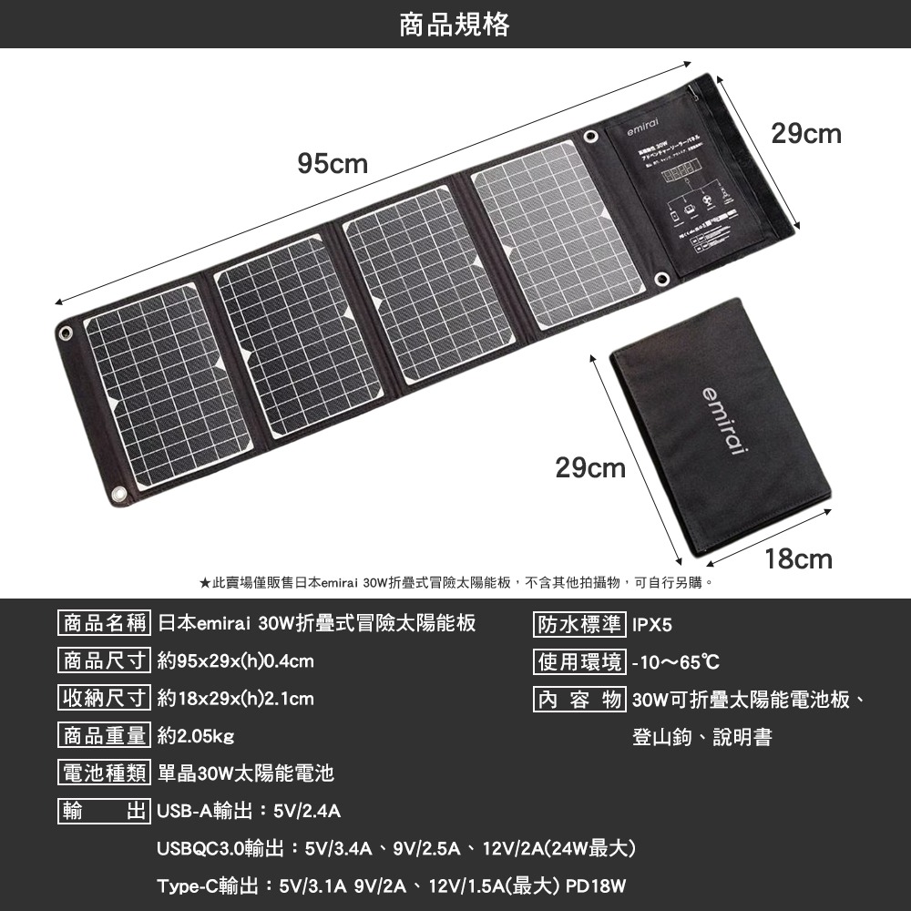 日本emirai 30W折疊式冒險太陽能板 充電板 可摺疊 露營 逐露天下-細節圖2