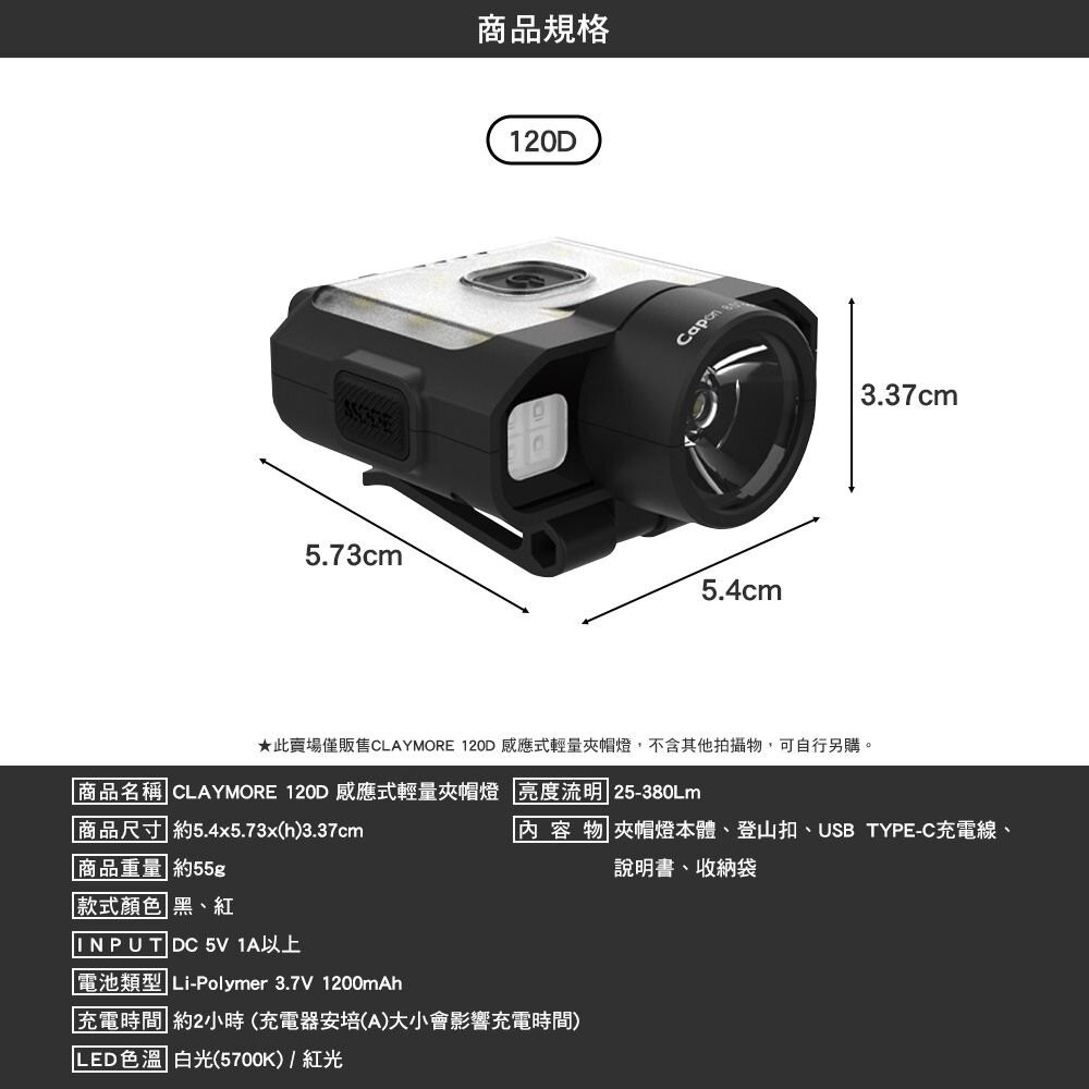 CLAYMORE 120D 感應式輕量夾帽燈 頭燈 夾帽燈 帽燈 手電筒 露營 逐露天下-細節圖3