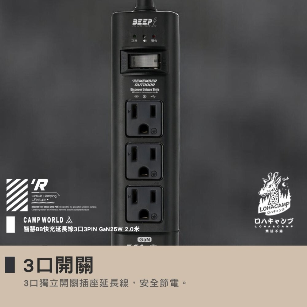 樂活不露 智慧BB快充延長線3口3PIN GaN25W 2.0米 延長線 露營用品 電線 動力線 露營 逐露天下-細節圖4