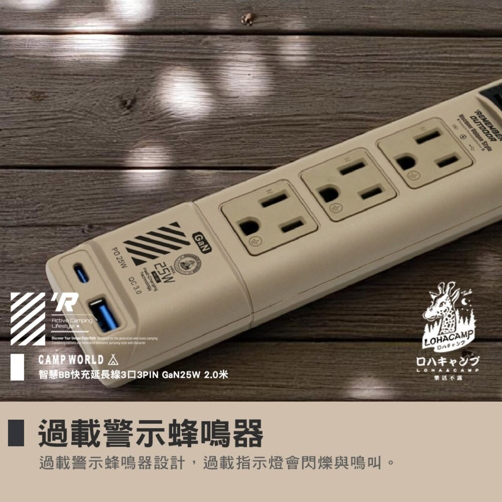 樂活不露 智慧BB快充延長線3口3PIN GaN25W 2.0米 延長線 露營用品 電線 動力線 露營 逐露天下-細節圖5