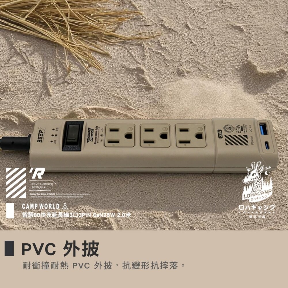 樂活不露 智慧BB快充延長線3口3PIN GaN25W 2.0米 延長線 露營用品 電線 動力線 露營 逐露天下-細節圖7