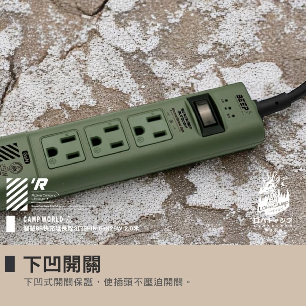 樂活不露 智慧BB快充延長線3口3PIN GaN25W 2.0米 延長線 露營用品 電線 動力線 露營 逐露天下-細節圖8