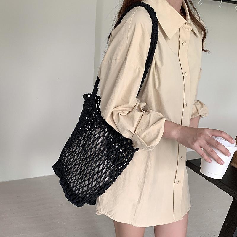 BAGG👾 麻繩編織包手小眾休閑單肩漁網镂空沙灘包包夏季圓筒水桶包 時尚包 休閒百搭包包 母親節禮物-細節圖3