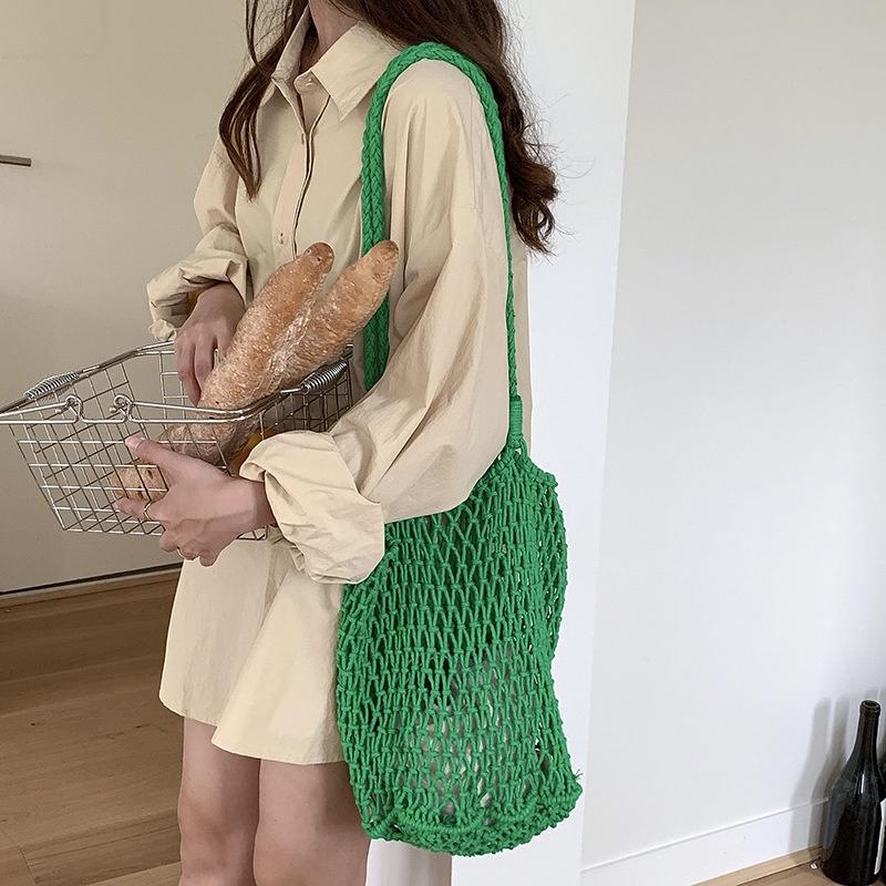 BAGG👾 麻繩編織包手小眾休閑單肩漁網镂空沙灘包包夏季圓筒水桶包 時尚包 休閒百搭包包 母親節禮物-細節圖4