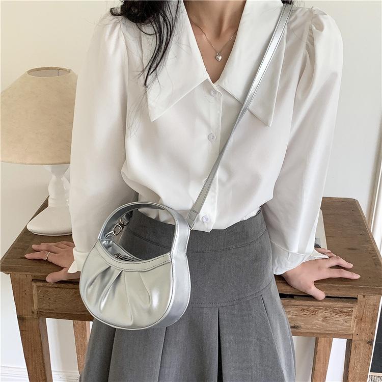 BAGG👾 韓版手提包小PU高級感夏季新月型褶皺包斜挎奶黃色手機肩背包 時尚包 休閒百搭包包 母親節禮物-細節圖3