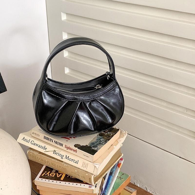 BAGG👾 韓版手提包小PU高級感夏季新月型褶皺包斜挎奶黃色手機肩背包 時尚包 休閒百搭包包 母親節禮物-細節圖4