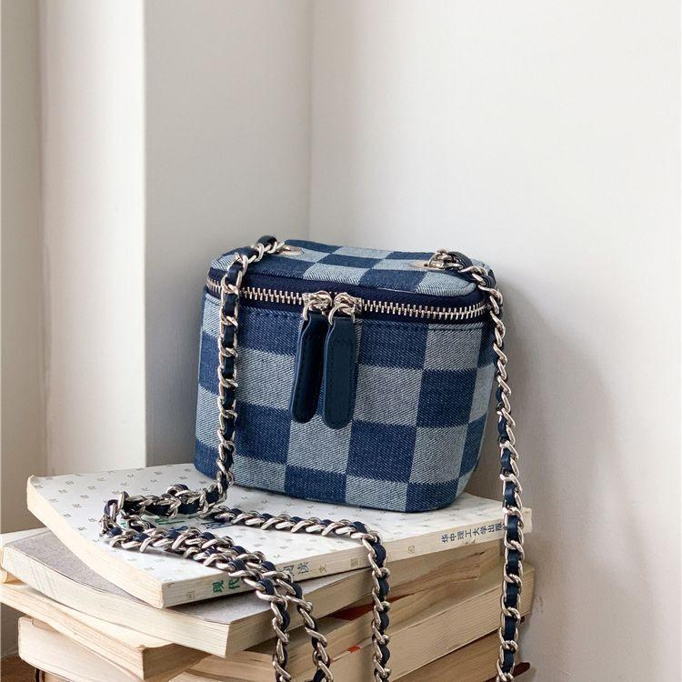 BAGG👾 棋盤格鏈條包包mini牛仔布小包雙拉鏈小眾零錢口紅盒子包女 時尚包 休閒百搭包包 母親節禮物-細節圖2