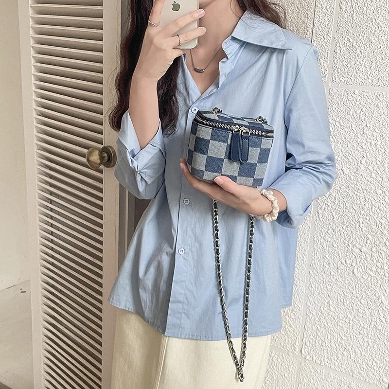 BAGG👾 棋盤格鏈條包包mini牛仔布小包雙拉鏈小眾零錢口紅盒子包女 時尚包 休閒百搭包包 母親節禮物-細節圖3