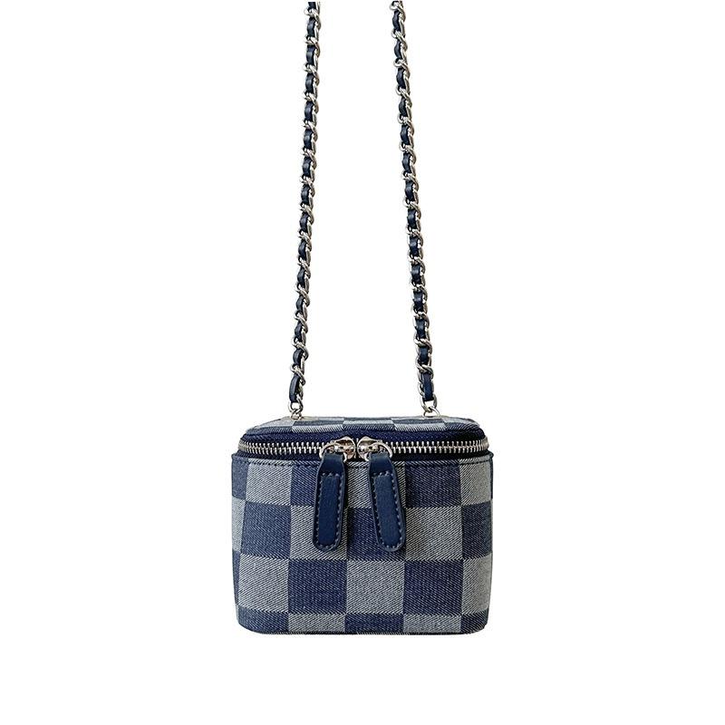BAGG👾 棋盤格鏈條包包mini牛仔布小包雙拉鏈小眾零錢口紅盒子包女 時尚包 休閒百搭包包 母親節禮物-細節圖5