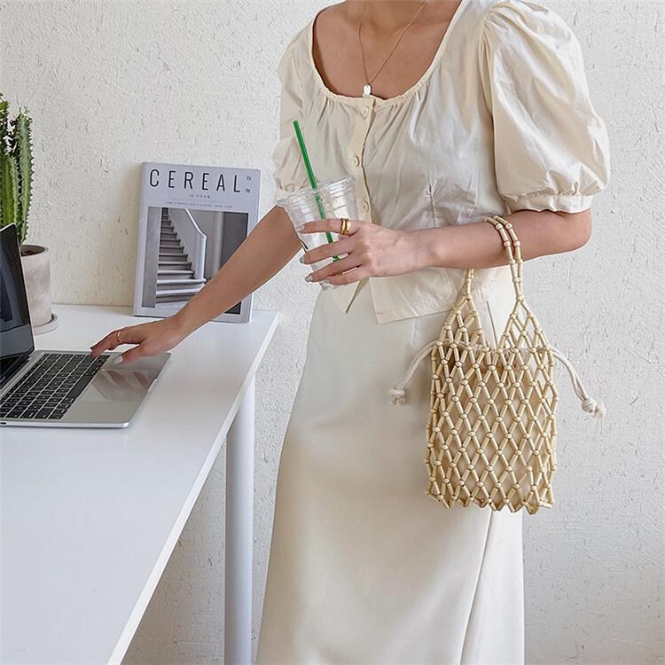 BAGG👾 夏季镂空木珠包時尚潮流菱格手提包子母純手編織包 時尚包 休閒百搭包包 母親節禮物-細節圖4