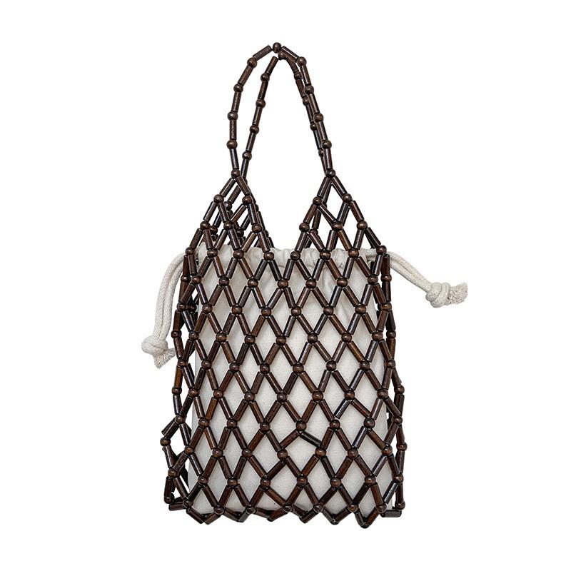 BAGG👾 夏季镂空木珠包時尚潮流菱格手提包子母純手編織包 時尚包 休閒百搭包包 母親節禮物-細節圖5