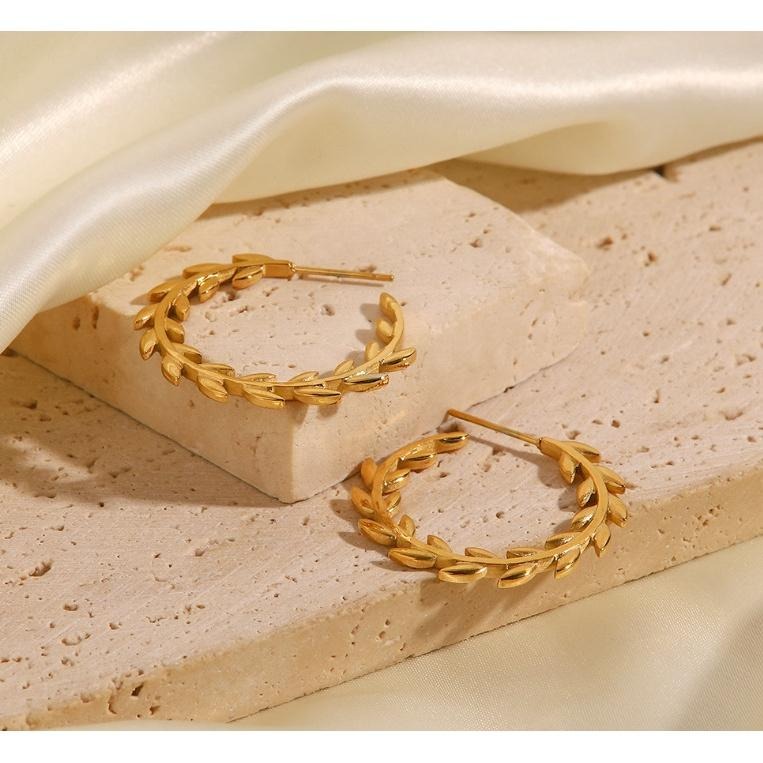 【羅馬時尚】CityCape©這座城飾۞歐美網紅ins新款18K金C圈形不銹鋼月桂葉耳環設計感時尚百搭秋冬新品推薦耳飾-細節圖2