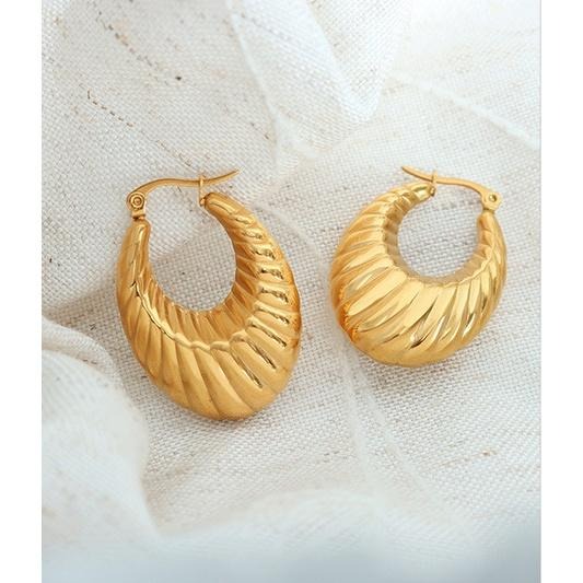 【希臘女神】CityCape©秋冬新品۞鈦鋼｜歐美派對時髦奢華｜復刻金色條紋｜橢圓繁花耳環鍍18K金色文藝性感復古熱銷-細節圖2