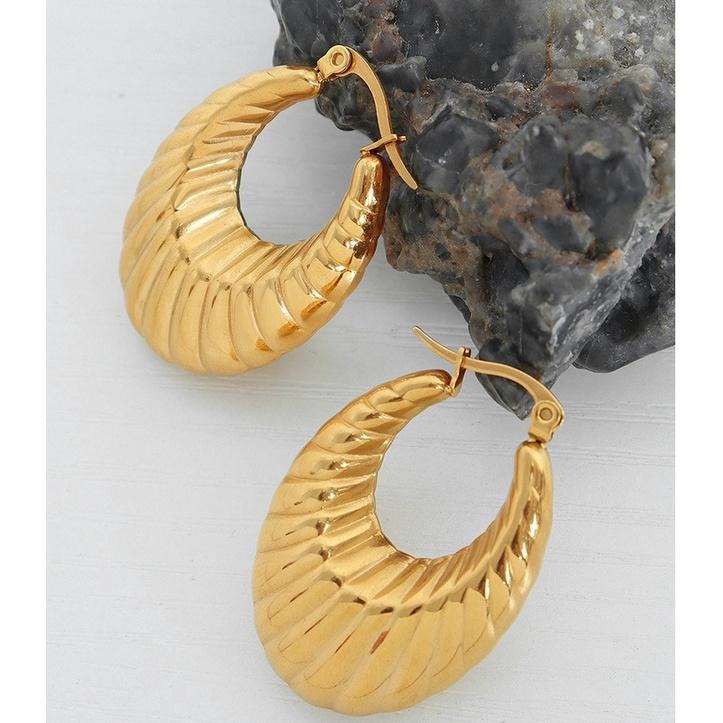 【希臘女神】CityCape©秋冬新品۞鈦鋼｜歐美派對時髦奢華｜復刻金色條紋｜橢圓繁花耳環鍍18K金色文藝性感復古熱銷-細節圖3