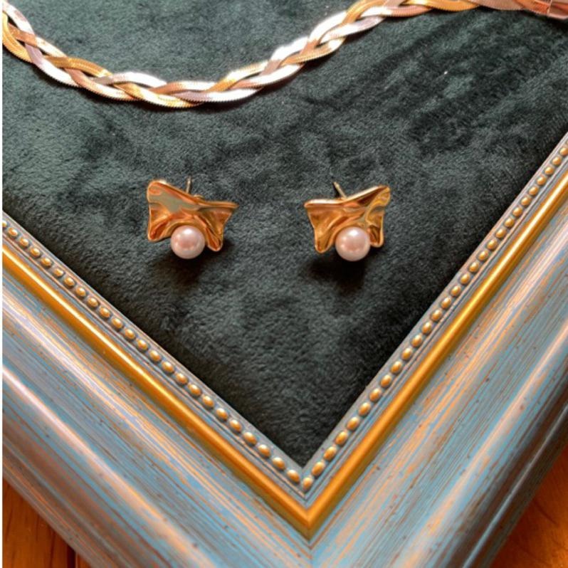 【香榭巴黎】CityCape©這座城飾۞金色褶皺蝴蝶結珍珠耳釘鈦鋼女士INS風跨境新品簡約風秋冬上新耶誕禮物雙11必買-細節圖5