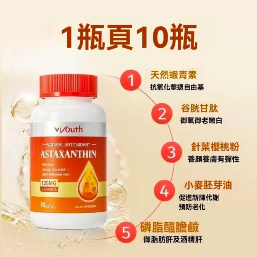 【現貨】蝦紅素純天然雨生紅球藻菁華穀胱甘肽小麥胚芽油維生素CE高含量90粒ASTAXANTHIN維養思美商Viyouth-細節圖5
