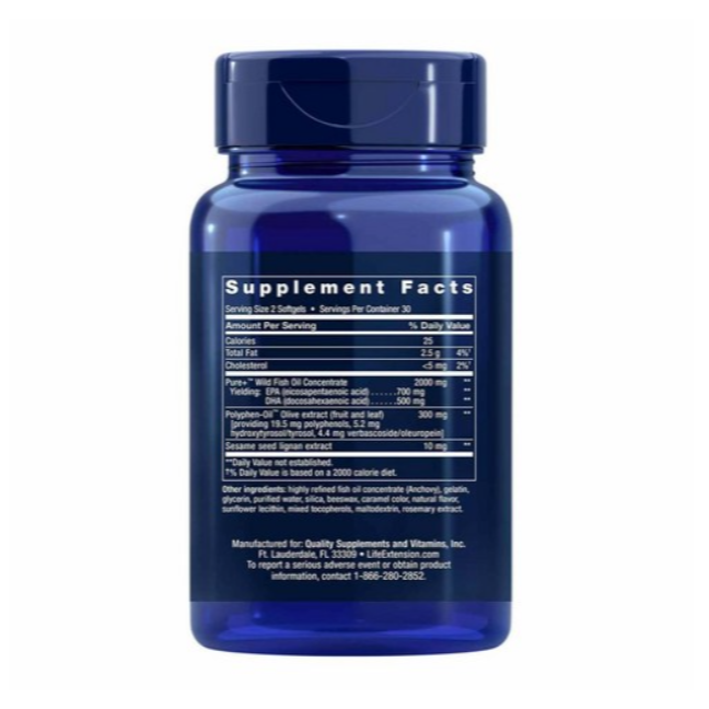 LIFE EXTENSION超級Omega-3魚油EPA軟膠囊DHA橄欖果羥基酪醇和橄欖苦苷石榴籽60粒120粒240粒-細節圖3