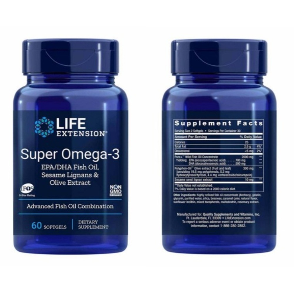 LIFE EXTENSION超級Omega-3魚油EPA軟膠囊DHA橄欖果羥基酪醇和橄欖苦苷石榴籽60粒120粒240粒-細節圖4