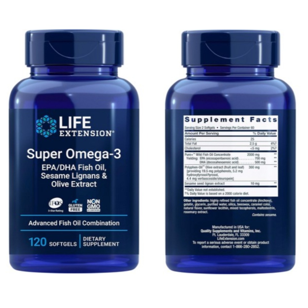 LIFE EXTENSION超級Omega-3魚油EPA軟膠囊DHA橄欖果羥基酪醇和橄欖苦苷石榴籽60粒120粒240粒-細節圖7